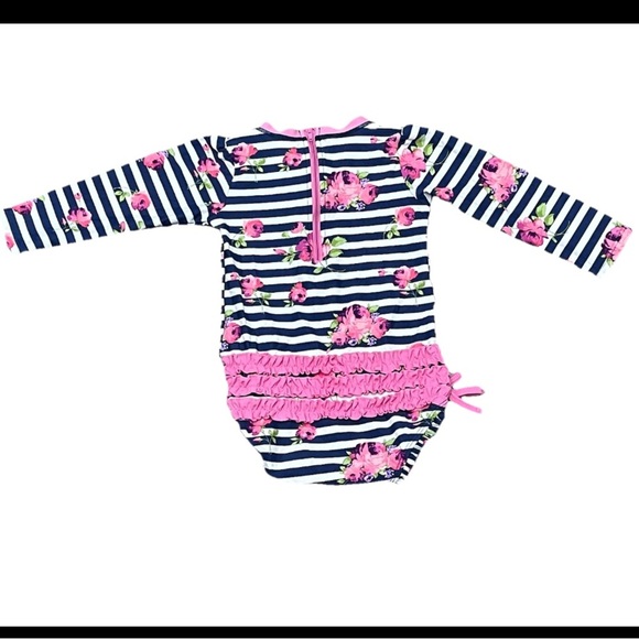 Ruffle Butts Floral Stripe Long Sleeve One Piece 2T Nautical Preppy Beach Coasts - Picture 2 of 9